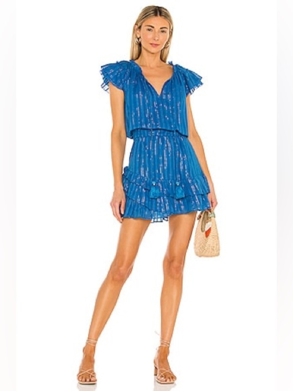 Karina Grimaldi Daisy Metallic Blue Ruffled Tiered Mini Dress size Small Womens